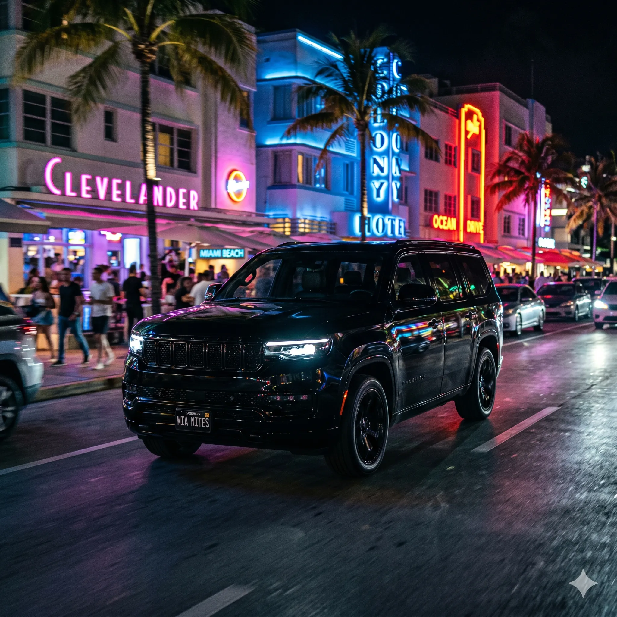 Black Grand Wagoneer on Ocean Drive in Miami Beach at night